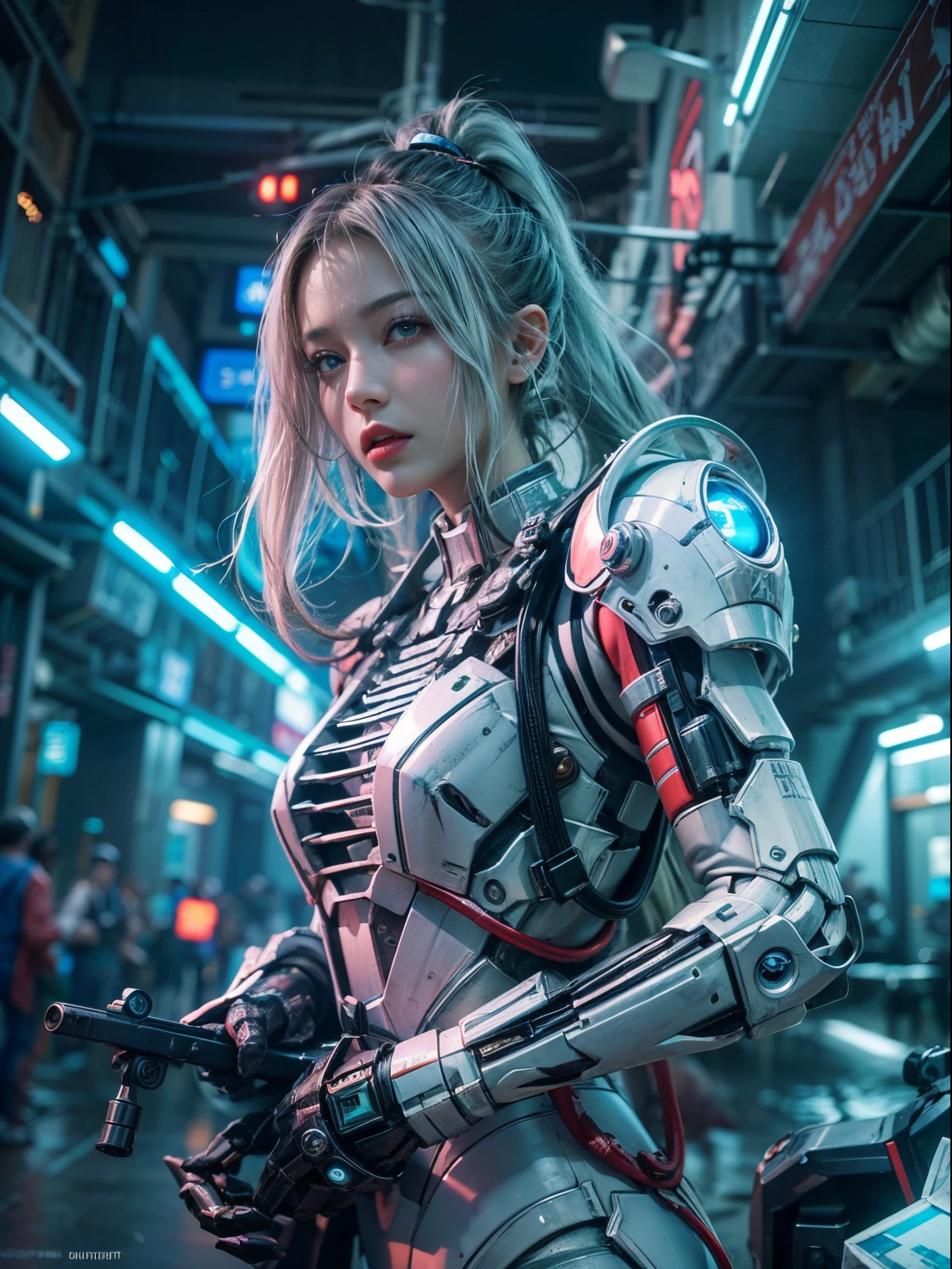 1girll, Cyberpunk, Mecha armor, Mechanical, (Masterpiece: 1.4), (8K, Realistic, RAW photo, Best quality: 1.4), Japanese girl, Beautiful cute face, (Real face: 1.4), Perfect , Beautiful hairstyle, Realistic blue eyes, Beautiful detail eyes, (Real skin: 1.3), Beautiful skin, Attractive, 超高分辨率, Ultra photo realsisim, Hulling machine, Night view, post apocalyptic world, Cinematic lighting, White colored hair, Long hair, double-ponytail, blueribbon, Weapons in hand, alien spaceship, Futuristic fantasy, Fighting posture