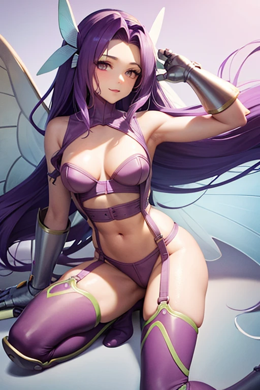 purple hair, long hair, nude, naked, hair ornament, belt, butterfly wings gauntlets, cleavage, garter straps, gauntlets, navel, shoulder pads, thighhighs,