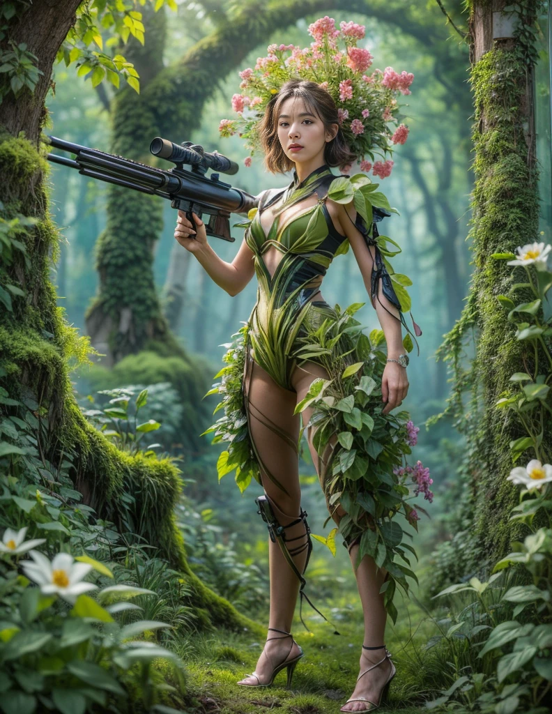 middle,(a girl made of fresh plants,Holding a futuristic sci-fi mechanical sniper gun aiming at the target,body covered with flowering plants,flower limbs,plant high heels,Plant hair,Plant clothes),blossoms,age-old tree,ln the forest,(globalillumination、Ray traching、HDR、Unrealistic rendering、Rational design、tmasterpiece、best qualtiy、hyper HD、cinmatic lighting,anatomy correct,Beautiful girl facial features,Anatomically correct and precise facial structure, detailed facial depiction, and delicate facial features), BJ_Gundam