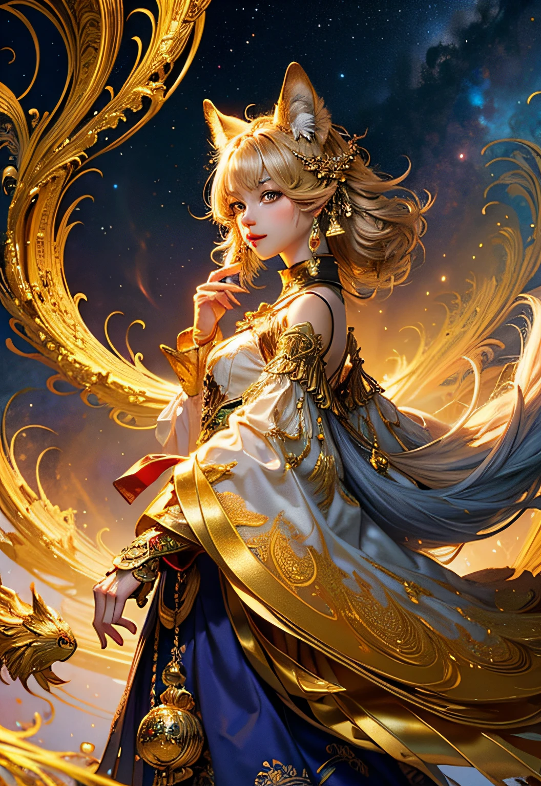 (tmasterpiece、topquality、topquality、official arts、Beautifully Aesthetic:1.2)、(1girl in)、very detailled、(s fractal art:1.3)、colourful、極端なディテール Golden nine-tailed fox Unusual gold background facing forward soft smile