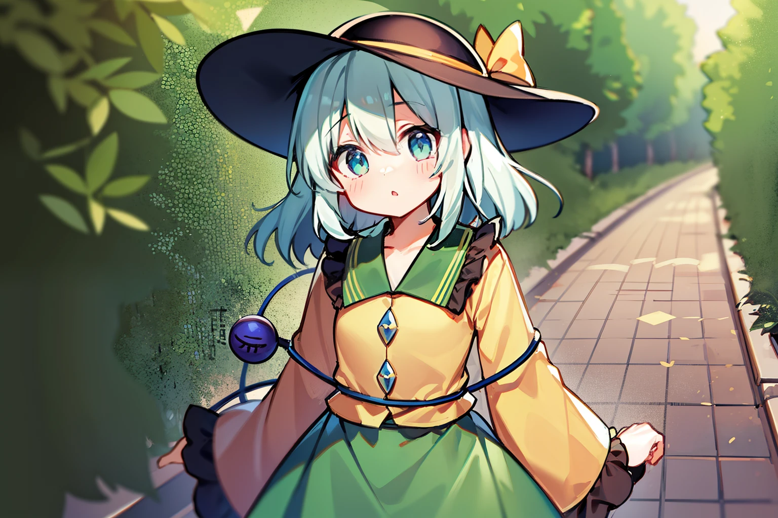 1girl in, 美丽的面容、komeiji koishi, Petite, staring directly at camera、long-sleeve、symple background