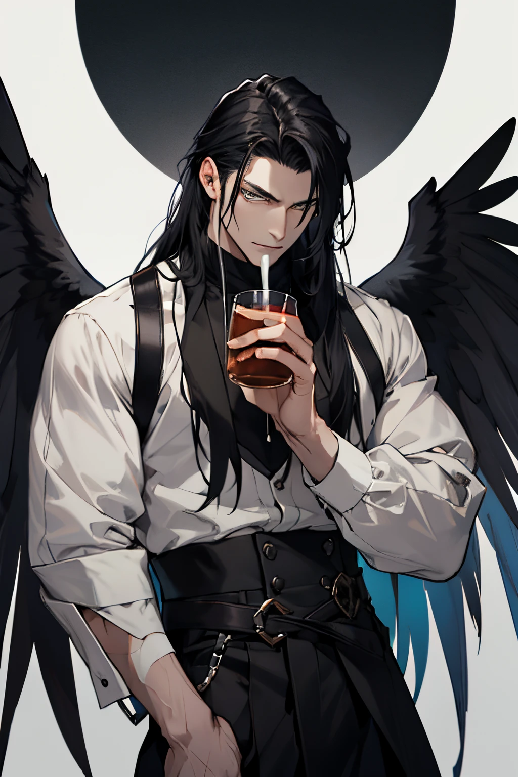 1man, neutral expression, Fallen angel, thick black hair, long hair, strict, amber eyes, pale skin, dark colors, grey royal clothes, 30yo, masculine face, sharp focus, mature, solo, masculine,drinking tea, black wings