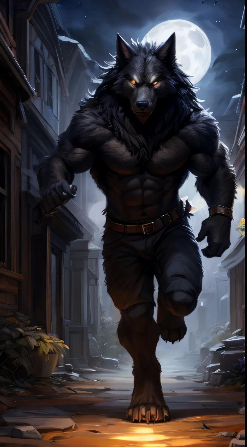 Werewolf male, full body covered in fluffy fur, , big muscular chest, volumetric abs, day, sensual, detailed, uploaded to e621, beautiful and detailed portrait of an anthropomorphic black werewolf (((male))) kenket, ross tran, ruan jia, uploaded to e621, zaush, foxovh, movie lighting, moon lights, running, glowing eyes, black fur, long dark mane of hair