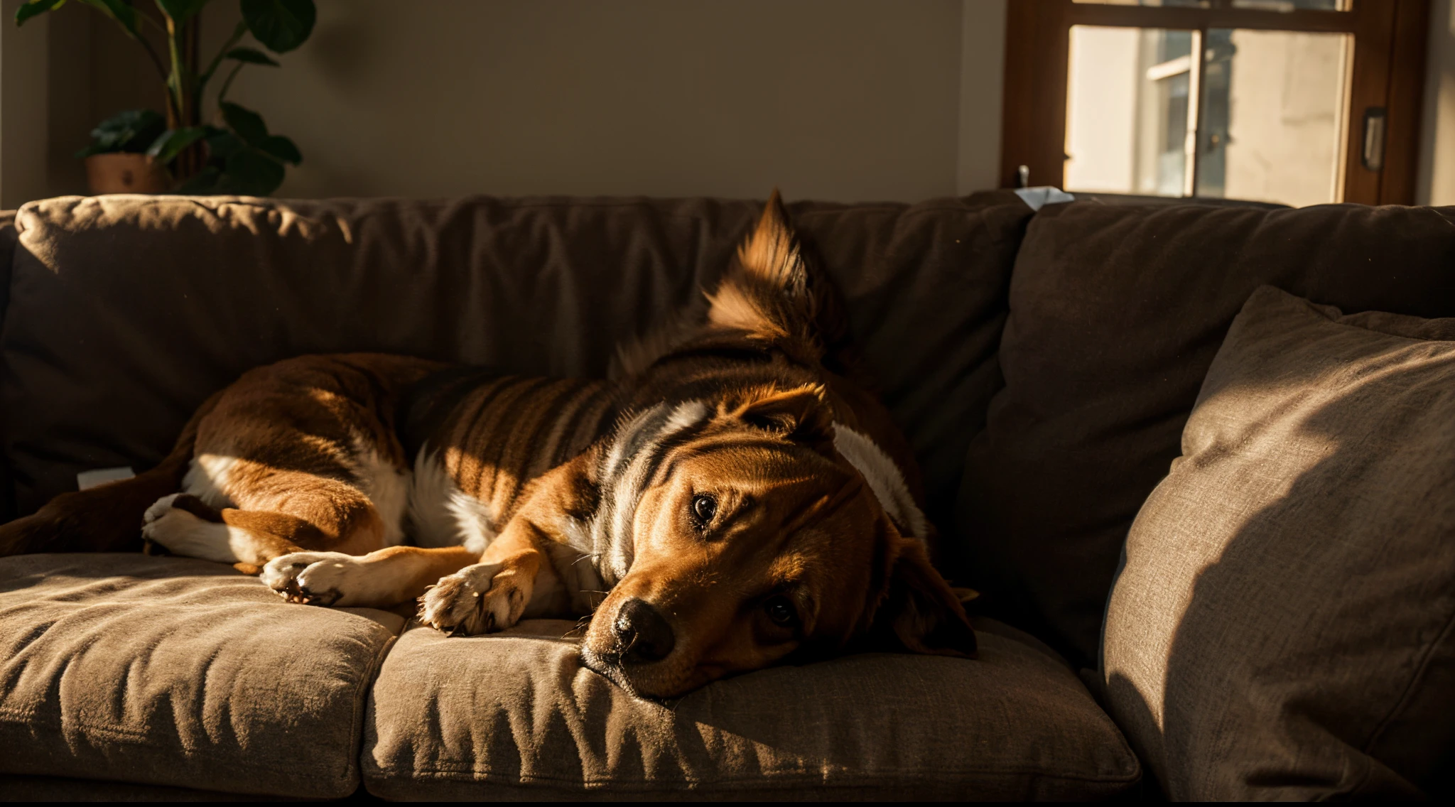 (jake the dog:1.1),sitting on the couch,just waking up,medium:1.2,ultra-detailed,realistic:1.37,[warm tones],soft lighting