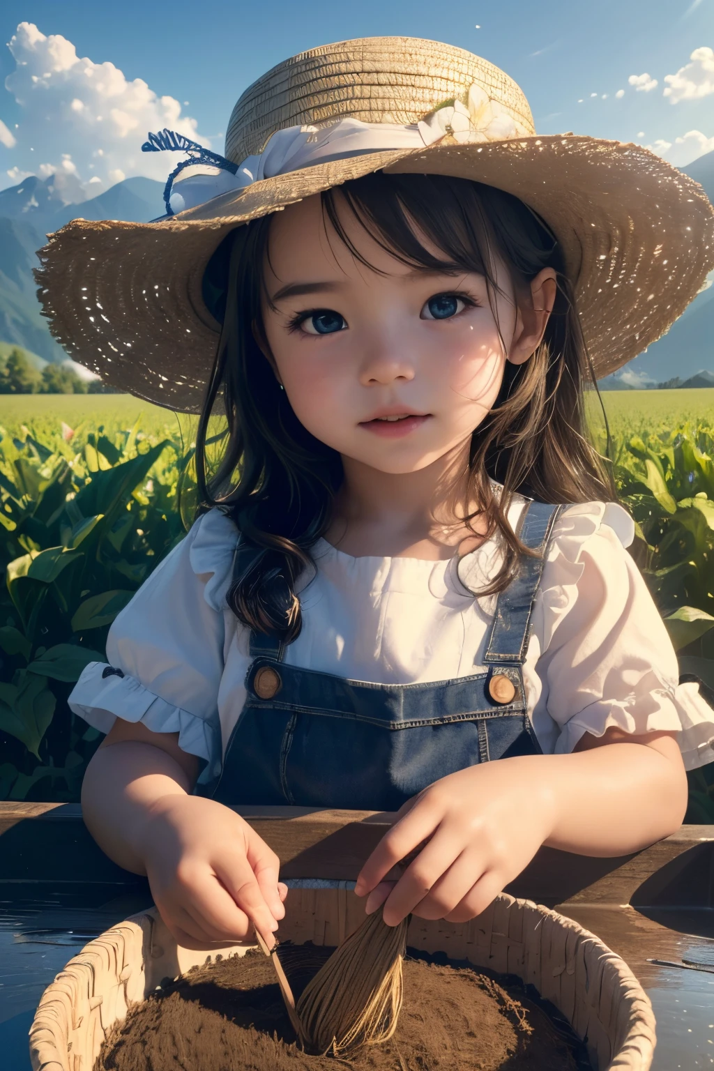 (best quality,4k,8k,highres,masterpiece:1.2),ultra-detailed,(realistic,photorealistic,photo-realistic:1.37),adorable 3-year old girl,planting in a big corn farm,cute hat,mountains in the distance,blue sky with white clouds