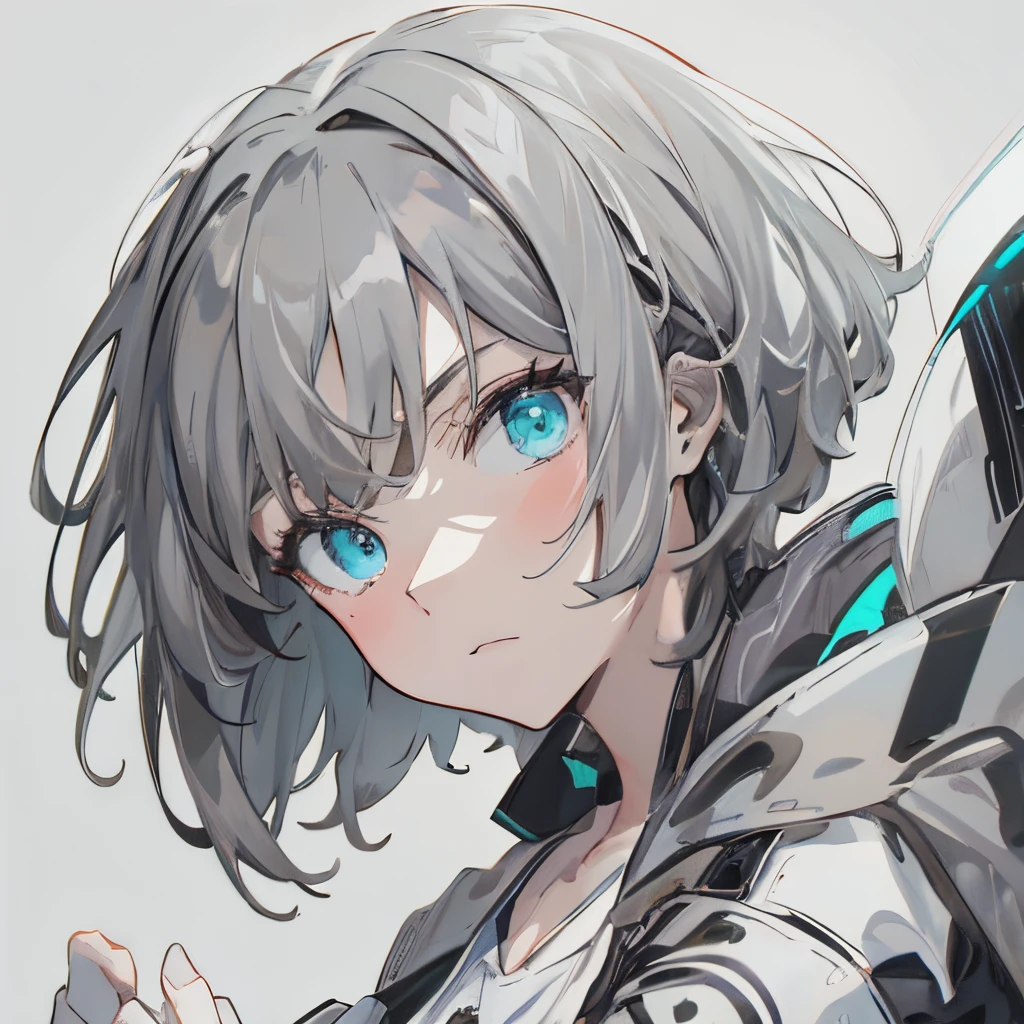 (masutepiece:1.2, Best Quality),  [girl, Manteau, expressioness, Turquoise eyes, front facing, jet-black hair,half short hair, Jacket is taken off, Upper body] (Gray white background:1.7),