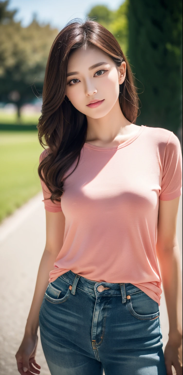 1 woman, Dreaming Background, (Highly detailed body, very detailed face, top quality:1.4), (25 year old woman), looking at viewer, A smile with visible teeth, I can't see her hands, (very long layered hair:1.2), (Her thighs are very beautiful:1.3), (8 thousand:1.5), (Lovely men's Y shirt:1.3), (skin glow:1.3), (huge breasts:1.3), The Most Beautiful Women in Korea, beautiful bridge, panties,