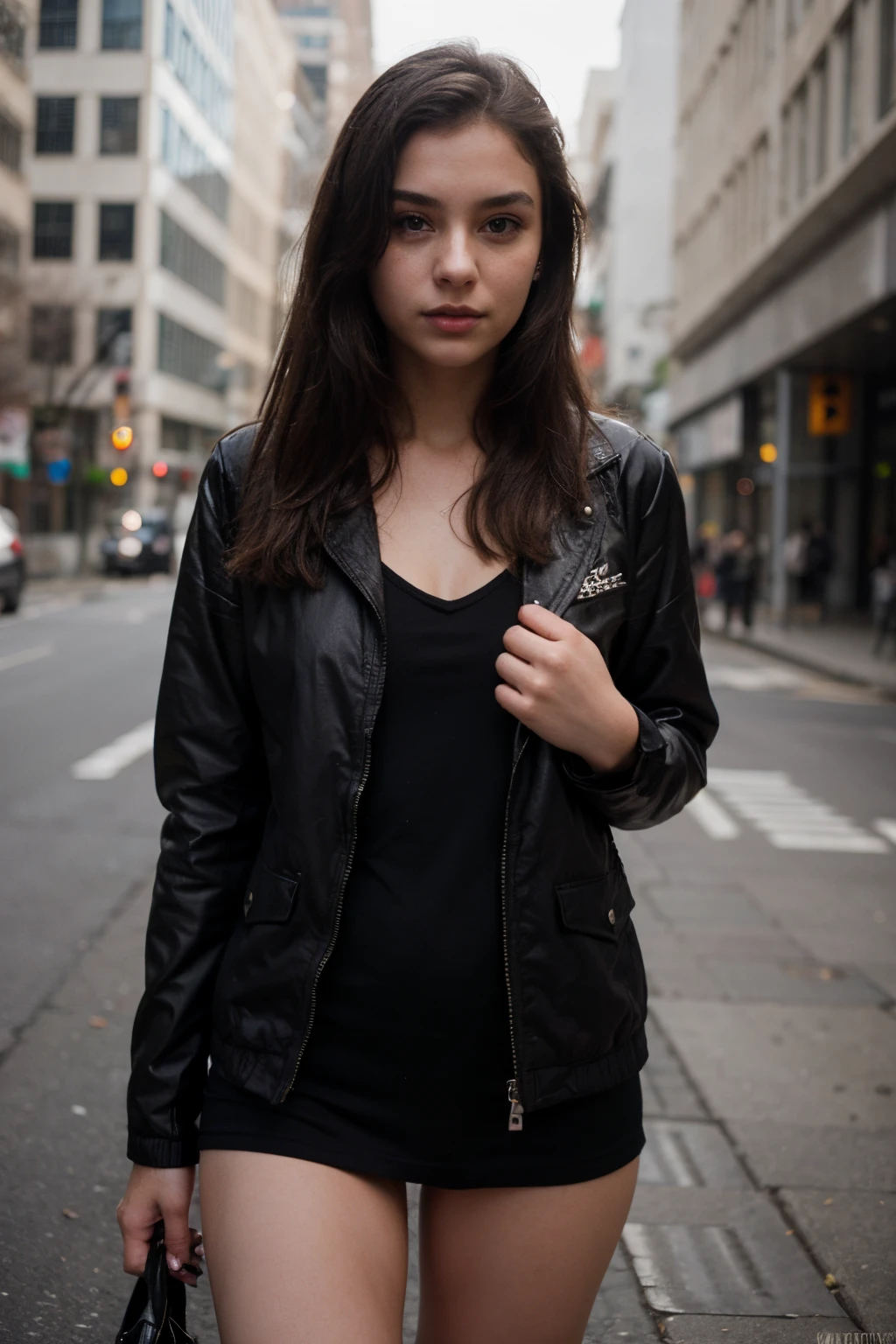 Photography of a 20-year-old woman, s the perfect face, tmasterpiece, the good, underdressing, Black_the good, jaket, Black_pantiess,cat woman