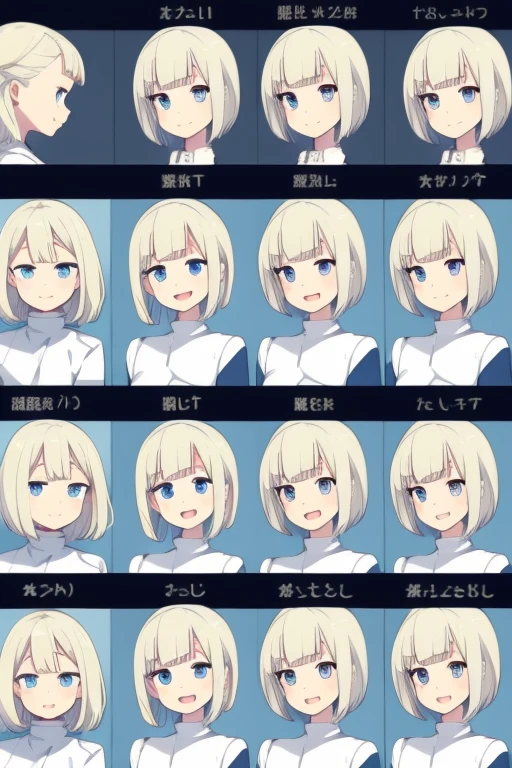 Multiple poses and expressions, model sheet, faces, expressions ,organized, Short Bob, fluffy hair, a blond, perm, bobhair, White Dress, Blue eyes, Blonde blue-eyed, White blouses, A smile