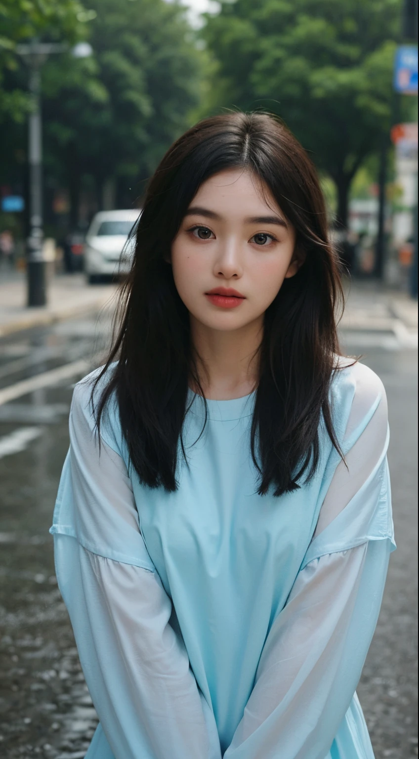 ((best qualtiy, 8K, tmasterpiece:1.3)), Focus:1.2, Perfect figure beautiful woman:1.4, ((Cut hair in layers, )), , (Rain, Street:1.3), shift dresses:1.1,Black underwear shoulder strap Delicate face and skin Thick eyebrows, 二重まぶた,Whiten skin,Long whit hair,(With a round face:1.5)