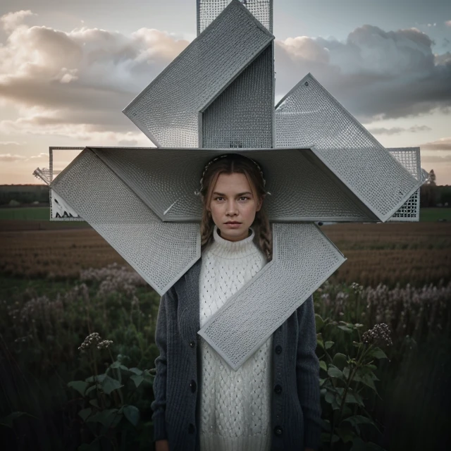 arafed woman in a white and grey sweater standing in a field, beautiful nordic woman, portrait of nordic girl, inspired by mads berg, in the countryside, inspired by Louisa Matthíasdóttir, erik johansson style, inspired by Nína Tryggvadóttir, inspired by Jaroslava Korol