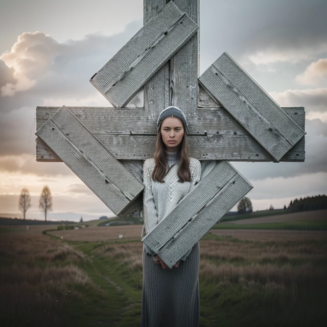 arafed woman in a white and grey sweater standing in a field, beautiful nordic woman, portrait of nordic girl, inspired by mads berg, in the countryside, inspired by Louisa Matthíasdóttir, erik johansson style, inspired by Nína Tryggvadóttir, inspired by Jaroslava Korol