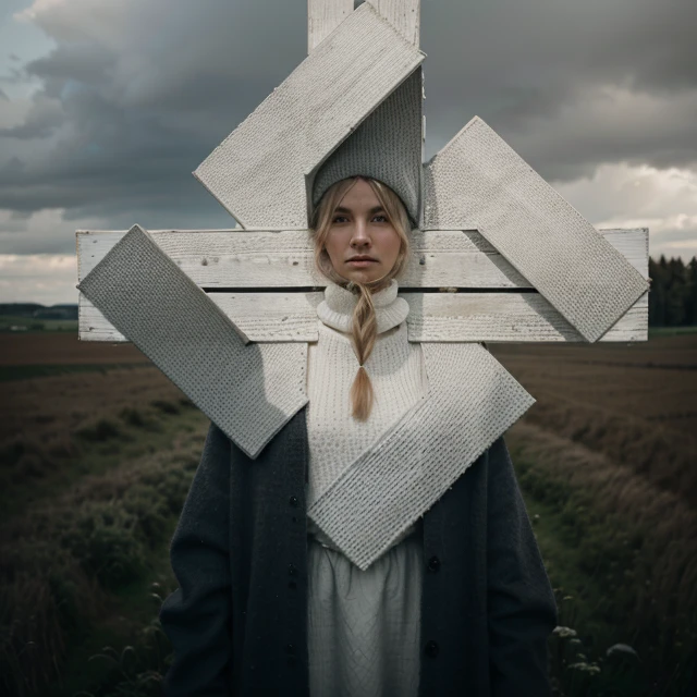 arafed woman in a white and grey sweater standing in a field, beautiful nordic woman, portrait of nordic girl, inspired by mads berg, in the countryside, inspired by Louisa Matthíasdóttir, erik johansson style, inspired by Nína Tryggvadóttir, inspired by Jaroslava Korol