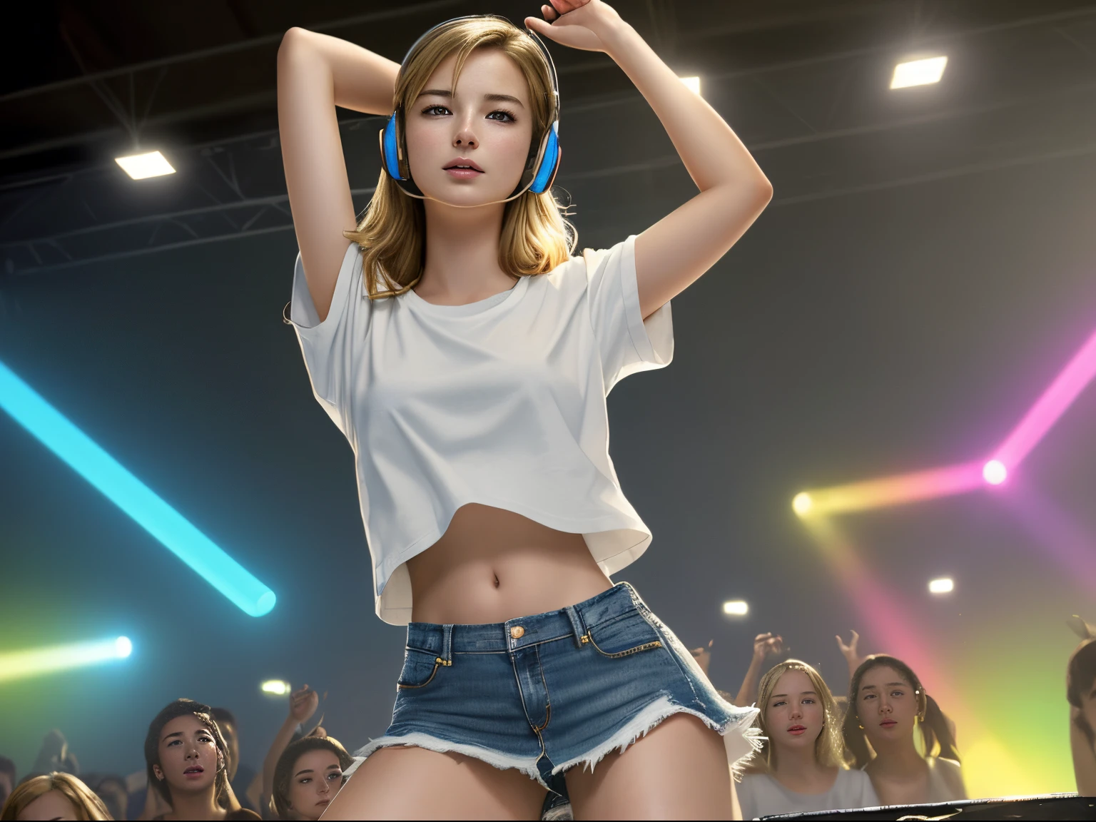 top quality 32k raw photo of 18-year-old Emily VanCamp wearing white T shirt and jeans skirt and headphone. navel look. she is on the disco stage dancing. colorful lights,