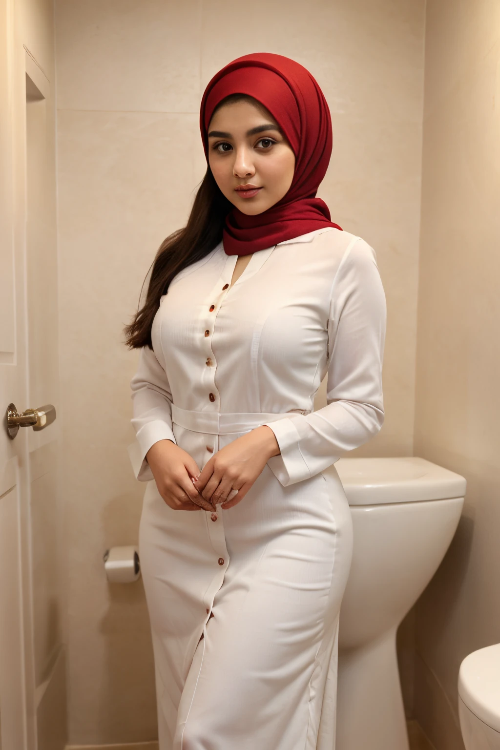 ((best quality)), ((masterpiece)), (detailed), red hijabs, long dress buttons, in toliet, chubby girl, very beautiful women, 1girl, 28 year old, Arabian womens, white skin, perfect face