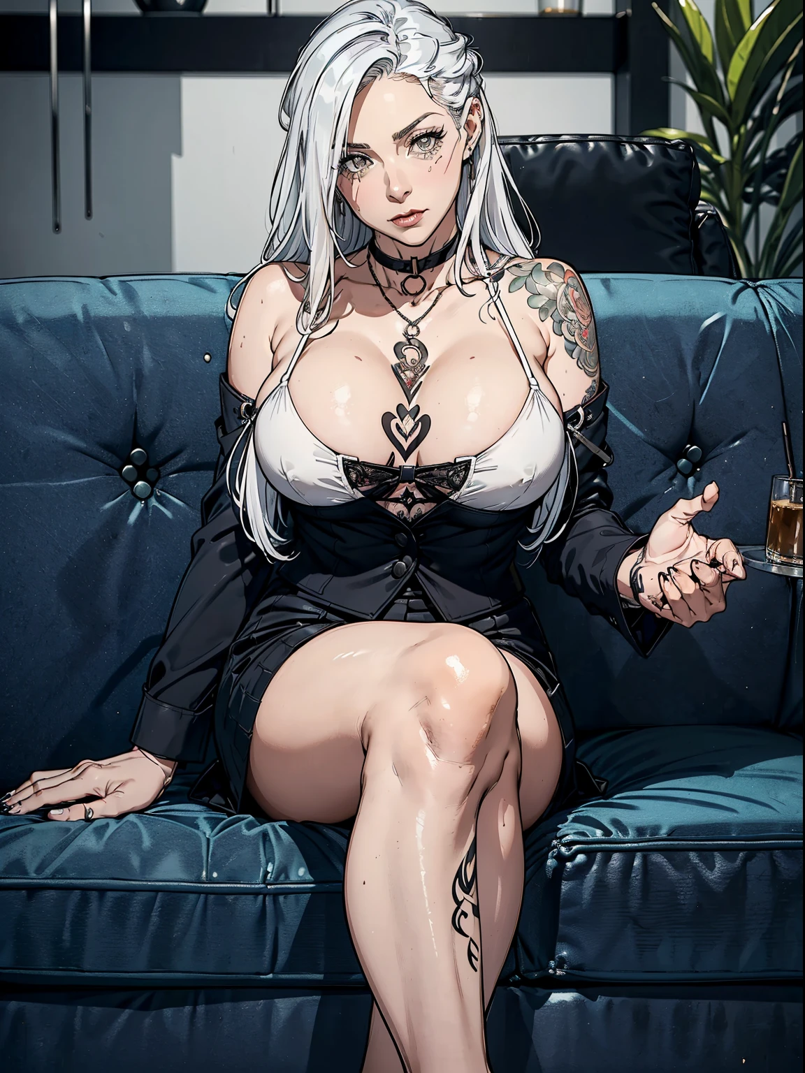 (1 sexy girl), ((Mature woman, Long white hair, Very long hair)), ((pale-skinned, indifferent expression:1.0)), Very handsome, Gangster family, Italian gangsters, god father,(Serious:0.8), Anatomically correct, Interior design, Cafe setting, (mature woman in suit:1.5),(The chest has a V-shaped opening: 1.3), (with sunglass:0.6),Ten fingers are filled with rings,(((sitting in the couch:1.6))),((Look down at the camera, tilt of the head, The right hand naturally droops, Then wipe your face with your left hand:1.5)),(Bigchest: 1.2), (tmasterpiece: 1.2), (((swirl _ Tattoos, full bodyesbian _ Tattoos, Shiny _ tattoo))1.4),Realistic sternum tattoo,chest tattoo, (lamplight: 0.8), (Extremely accurate CG),(Look up at the perspective)