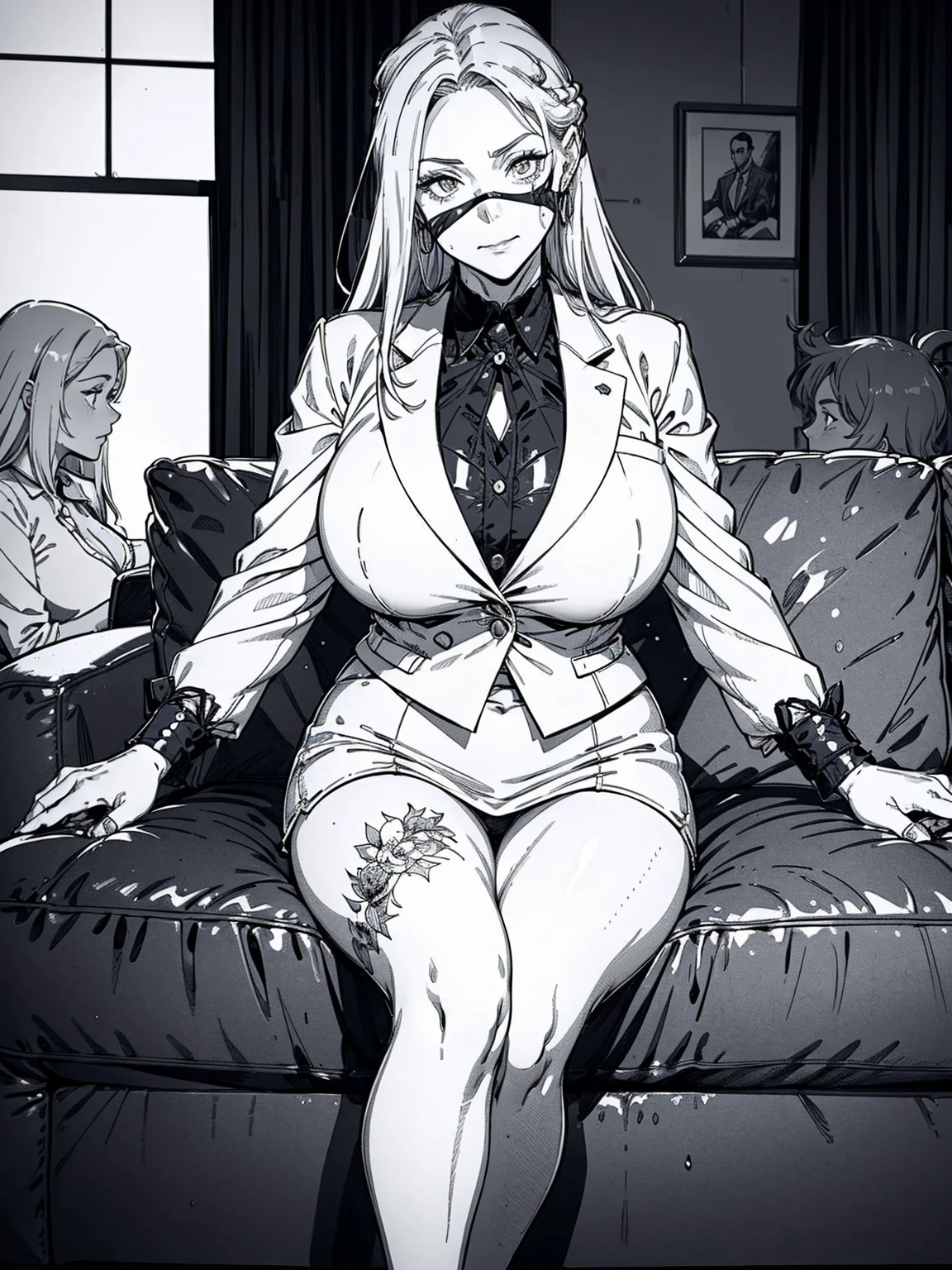 (1 sexy girl), ((Mature woman, Long white hair, Very long hair)), ((pale-skinned, indifferent expression:1.0)), Very handsome, Gangster family, Italian gangsters, god father,(Serious:0.8), Anatomically correct, Interior design, cafe environment, (mature woman in suit:1.5),(The chest has a V-shaped opening: 1.3), (with sunglass:0.6),Ten fingers are filled with rings,(((sitting in the couch:1.6))),((Look down at the camera, tilt of the head, The right hand naturally droops, Then wipe your face with your left hand:1.5)),(Bigchest: 1.2), (tmasterpiece: 1.2), (((swirles _ Tattooed with, Full body lesbian _ Tattooed with, Shiny _ Tattooed with))1.4),Realistic sternum tattoo,chest tattoo, (lamplight: 0.8), (Extremely accurate CG),(Look up at the perspective)