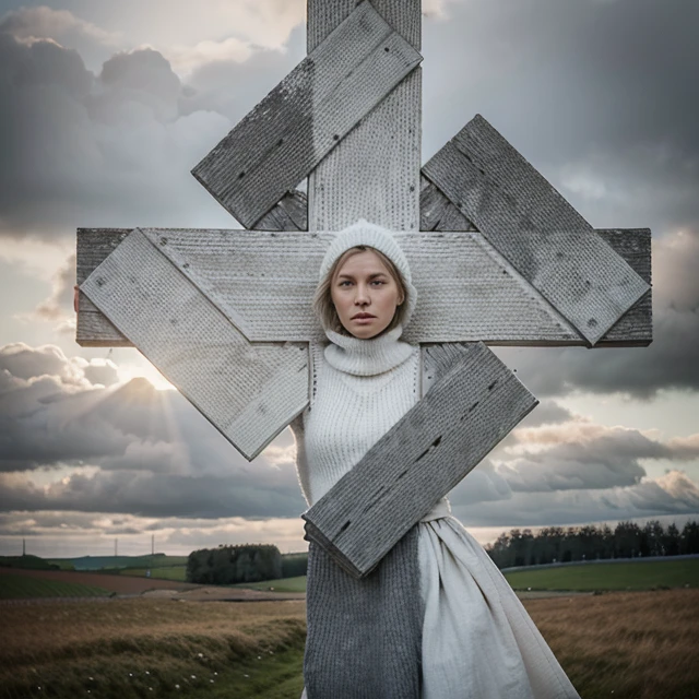 arafed woman in a white and grey sweater standing in a field, beautiful nordic woman, portrait of nordic girl, inspired by mads berg, in the countryside, inspired by Louisa Matthíasdóttir, erik johansson style, inspired by Nína Tryggvadóttir, inspired by Jaroslava Korol