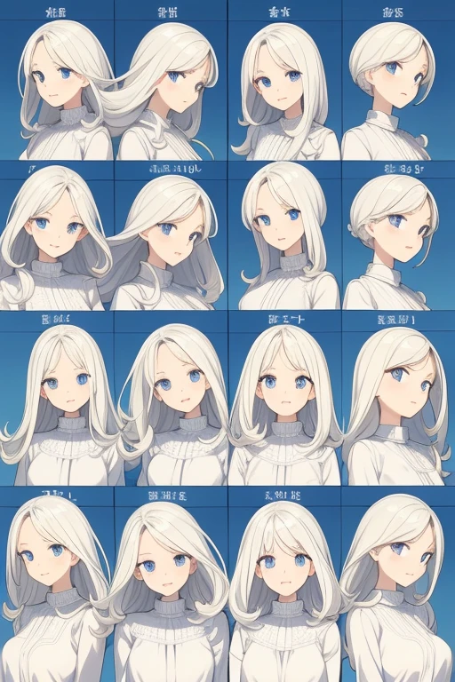 Multiple poses and expressions, model sheet, faces, expressions ,organized, fluffy hair, a blond, perm, bobhair, White Dress, Blue eyes, Blonde blue-eyed, White blouses, expressioness, a smile, irate, weeping