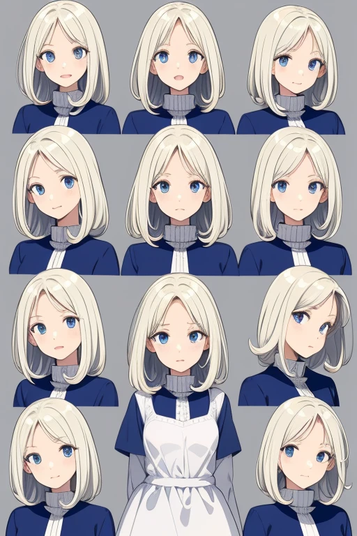 Multiple poses and expressions, model sheet, faces, expressions ,organized, fluffy hair, a blond, perm, bobhair, White Dress, Blue eyes, Blonde blue-eyed, White blouses, expressioness, a smile, irate, weeping