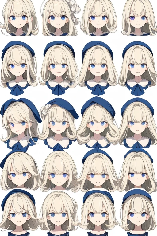 Multiple poses and expressions, model sheet, faces, expressions ,organized, fluffy hair, a blond, perm, bobhair, White Dress, Blue eyes, Blonde blue-eyed, White blouses, expressioness, a smile, irate, weeping