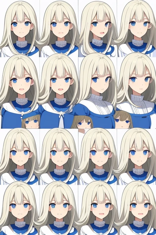 Multiple poses and expressions, model sheet, faces, expressions ,organized, fluffy hair, a blond, perm, bobhair, White Dress, Blue eyes, Blonde blue-eyed, White blouses, expressioness, a smile, irate, weeping