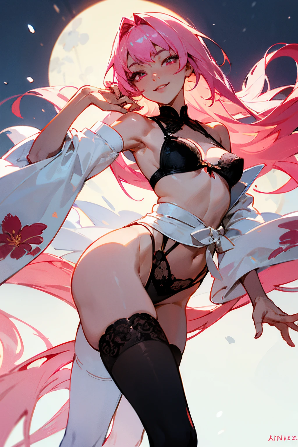 ((best quality)), ((masterpiece)), (detailed), sexy asian face, seductive smile, black laced lingerie, slim body, small boobs open white and pink and red floral kimono, night snowy background, long flowing neon pink hair, pink detailed eyes, black laced thigh highs sexy pose