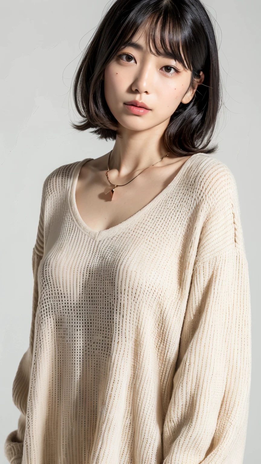 (top-quality、8K、32K、​masterpiece、nffsw:1.2)、Photo of a cute Japanese woman、very Bigger breasts、very short bobbed hair、full body Esbian、a necklace、simple background、Look around　、big butts　, Clothes with empty chest