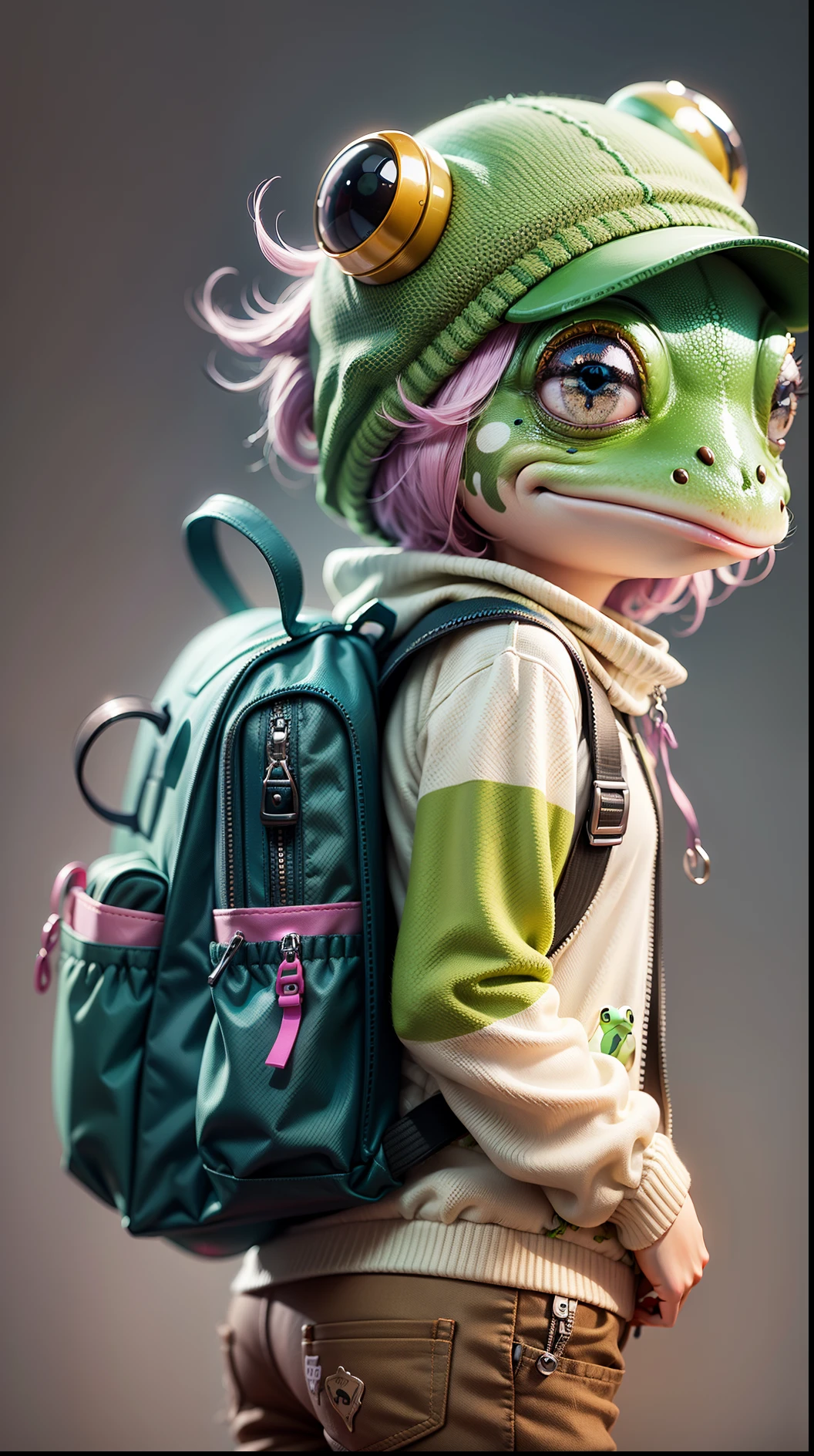 meme illustration, vibrant flashy colors, Lolo the frog character, with emotional eyes, have a pick backpack, visual contrast, 3D colorful background --auto --s2