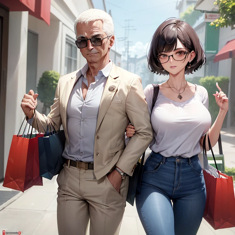 (best quality:1.1), (master part:1.4), (absurdos:1.0), Dutch angle, ambulante,1girl, (sozinho), (Mature female:1.4), (MILF:1.2), (top rosa:1.3), beige linen pants, (joias de luxo:1.2), (white jacket), short hair, cabelos pretos, sun glasses, sorriso tortuoso, (shopping:1.2), (rechonchudo:1.1), Seios enormes, olhando para o espectador, 1 homem de 78 anos, baixo, gordo, careca e cabelos brancos