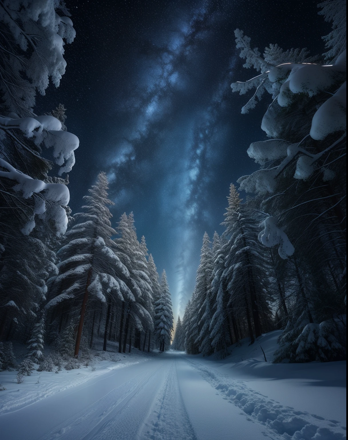 snowy road with trees and a milky in the background, snowy night, mikko lagerstedt, winter night, max rive, glowing snow, 🌲🌌, snowfall at night, breathtaking stars, starlit sky, under the silent night sky, night covered in stars, snowy winter, starry skies, moonlight snowing, stars glistening in the night, northern finland