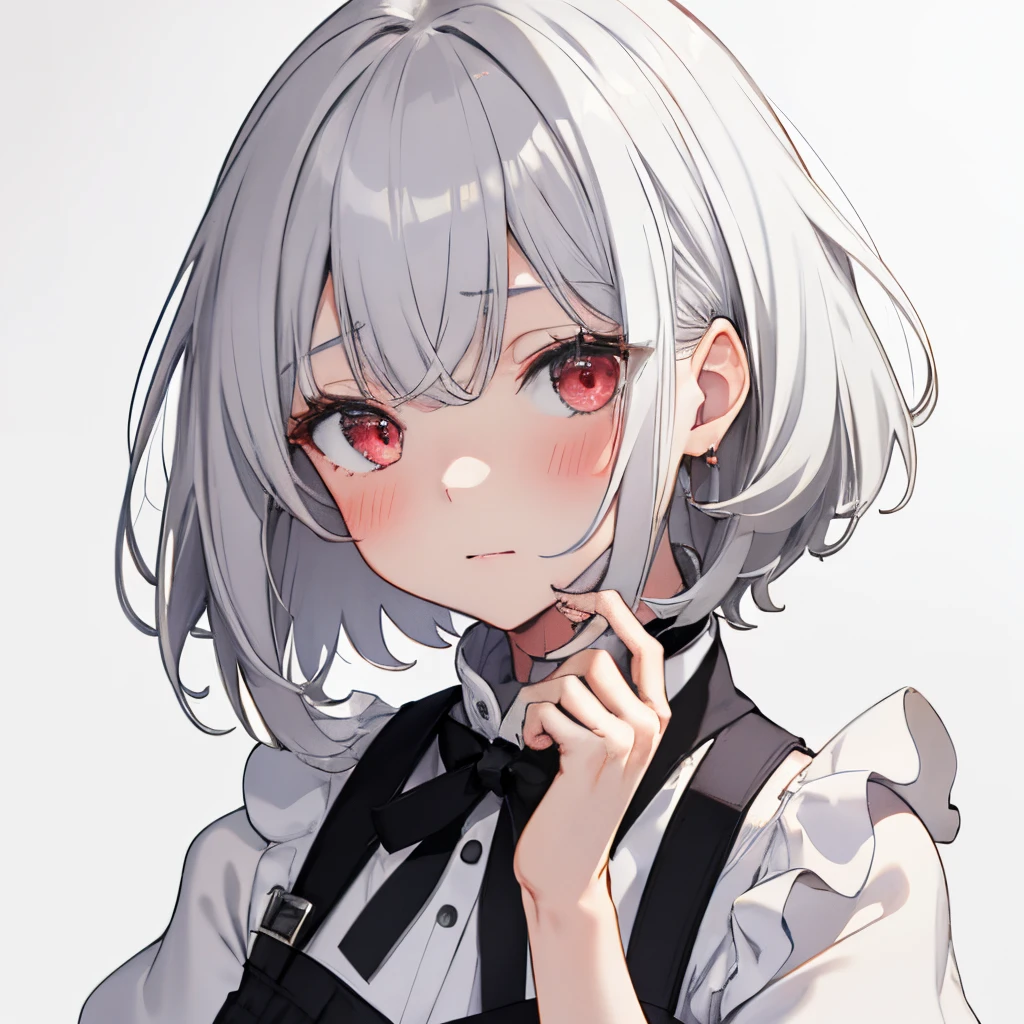 【Highest Quality, masutepiece】 [1 girl in, Manteau, expressioness, Red Eyes, front facing, White hair, Slender beauty,straight haired, Bery short hair ,Cafe Apron] (Gray white background:1.5), No smile, Does not blush cheeks,