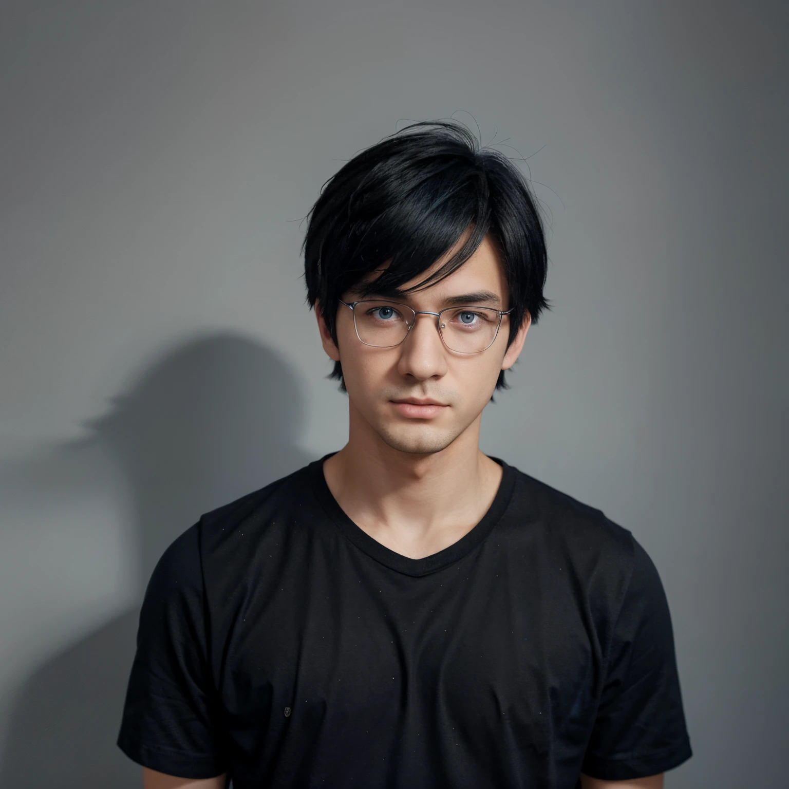 boy with black hair and blue shirt standing in front of a gray background, in an anime style, john egbert, 2 d anime style, flat anime style shading, cel - shaded art style, in anime style, tall anime guy with blue eyes, young, halfbody portrait, subtle anime style, anime style character, anime boy, as an anime character