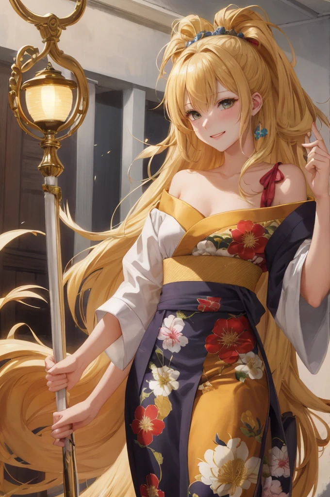 A lively and energetic teenage beauty with medium-length golden hair, droopy eyes, dressed in a shoulder-baring kimono, holding a staff as a healing class character in an anime-style, blushing with a cheerful demeanor