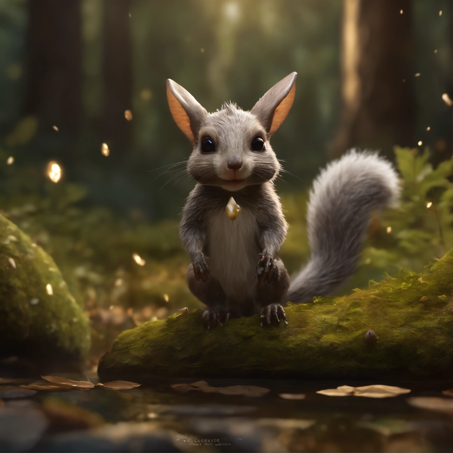 真实感, Realism, Close up of cute tiny fireflies around a huge oak tree, Morning lighting, dew, illuminate the bush, a detailed painting, cgsociety, Detailed painting, artstation hd, high detail, cgsociety, photo realism, Concept art, artstation hd, official arts, bokeh ,gremlin, squirrel-like, wear a hooded shirt, assassin style, bright silver and brown, Long fluffy tail, large ears, covered with silver fur, water, stands on the shore, Best Quality, Masterpiece, in style of dark fantasy art, gremlin, mole-like, holding a huge acorn in his paws, bright silver and brown, Long fluffy tail, elongated nose,,,, huge ears, covered with silver fur,tousled, five toes on each paw, holding a huge acorn in his paws, I'm standing in a forest clearing under the foliage of bast., acorns lie in the clearing, acorns glow, Crickets fly, Best Quality, Masterpiece, in style of dark fantasy art, fantasy-inspired, in the style of John Tolkien, (CBZBB:1.25), ((gremlin),Zhkute, Small, baby, Beautiful, Fantasy art, deviant art, trending artstation, Digital Art, Detailed, Realistic, humanoid, character, tiny, Cinematic shot, cinematic portrait of a mole, naturalist, huge oak roots, entrance to the pit, Fireflies,