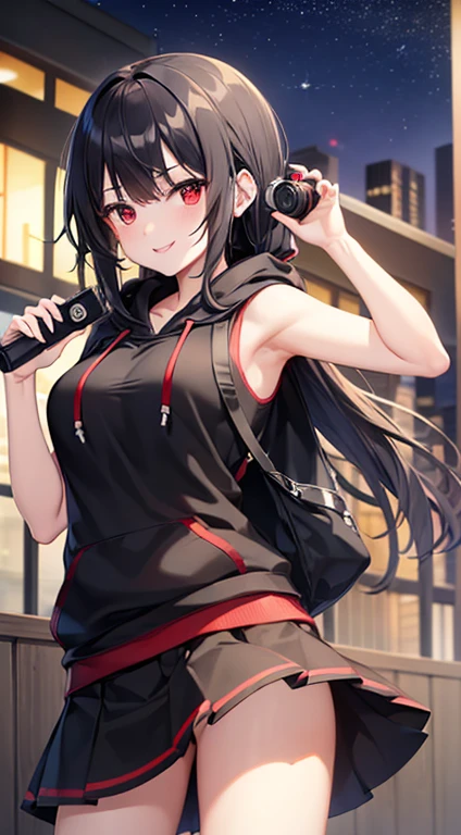 ((Masterpiece, high quality)), 1girl, black hair, red eyes, normal breast 1:3, sleeveless hoodie, skirt, outside, holding camera recorder, night, smilling, naughty look, headphone around neck