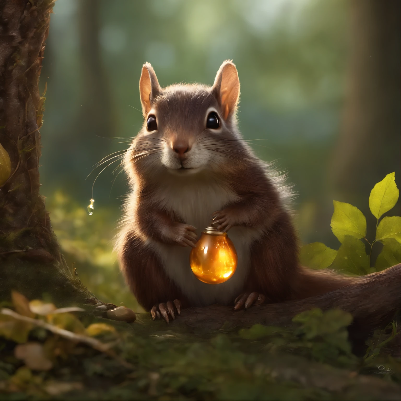 真实感, Realism, Close up of cute tiny fireflies around a huge oak tree, Morning lighting, dew, illuminate the bush, a detailed painting, cgsociety, Detailed painting, artstation hd, high detail, cgsociety, photo realism, Concept art, artstation hd, official arts, bokeh ,gremlin, squirrel-like, wear a hooded shirt, assassin style, bright silver and brown, Long fluffy tail, large ears, covered with silver fur, water, stands on the shore, Best Quality, Masterpiece, in style of dark fantasy art, gremlin, mole-like, holding a huge acorn in his paws, bright silver and brown, Long fluffy tail, elongated nose,,,, huge ears, covered with silver fur,tousled, five toes on each paw, holding a huge acorn in his paws, I'm standing in a forest clearing under the foliage of bast., acorns lie in the clearing, acorns glow, Crickets fly, Best Quality, Masterpiece, in style of dark fantasy art, fantasy-inspired, in the style of John Tolkien, (CBZBB:1.25), ((gremlin),Zhkute, Small, baby, Beautiful, Fantasy art, deviant art, trending artstation, Digital Art, Detailed, Realistic, humanoid, character, tiny, Cinematic shot, cinematic portrait of a mole, naturalist, huge oak roots, entrance to the pit, Fireflies,