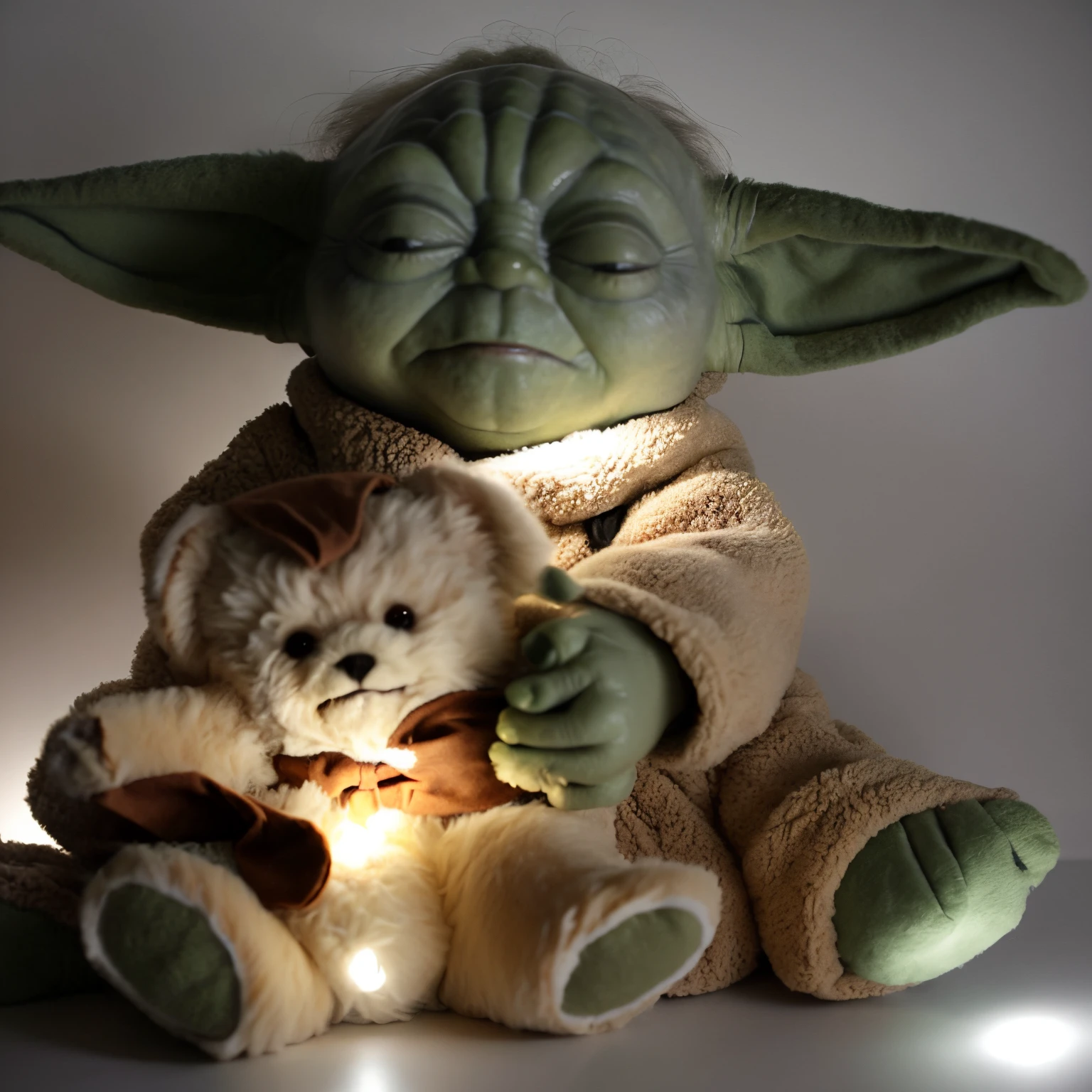 yoda holding stuffed teddy bear toy in dark room with light , V3rh03v3n