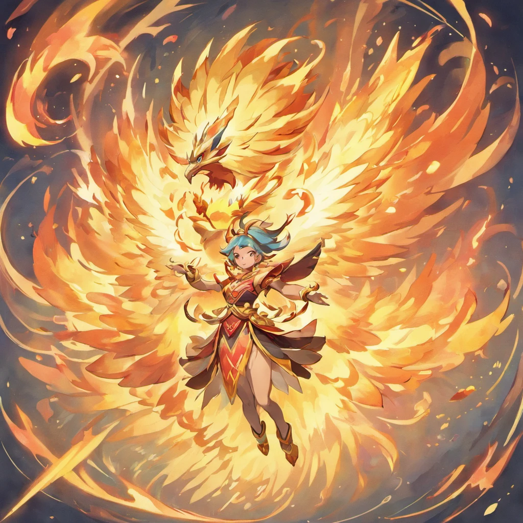 mythological creatures，（（Chinese mythology fire phoenix）），Traditional Chinese elements，Ancient murals，Illustrative myths，Fuyao Legend，Dappled light，Hazy haze，Mystic aura，tmasterpiece，k hd，plethora of colors，detailed detail，Seven colors