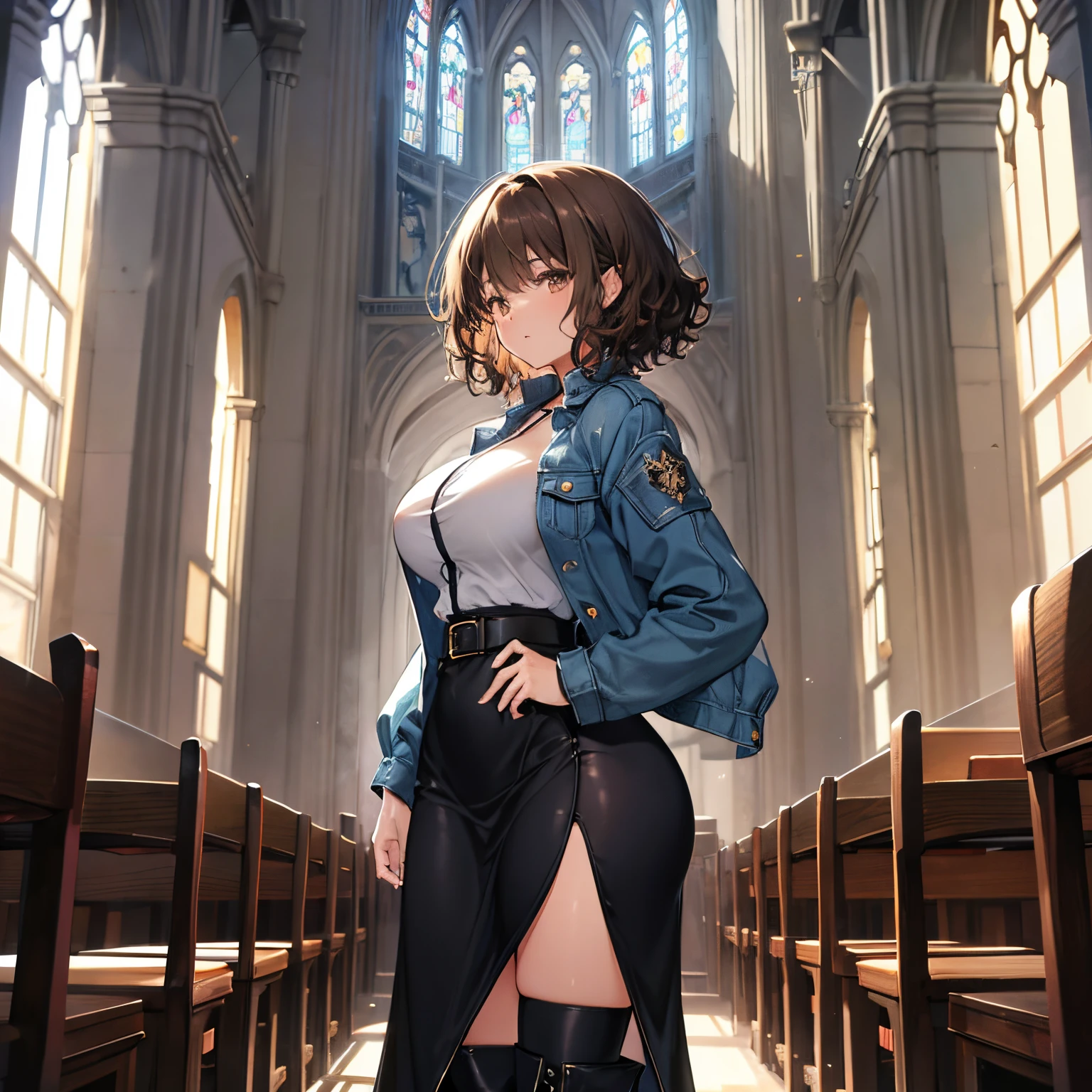 Woman, 20 years old, short puffy curly hair, brown hair, tall, olive skin, brown eyes, large breast, large butt, wide hips, large thighs, light blue jean jacket, long black dress skirt, black high heel boots, in a grand old church, mid day, high resolution, fully clothed, looking forward