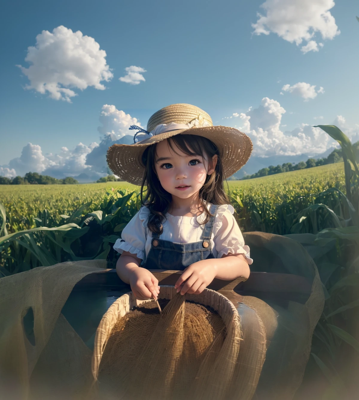 best quality,4k,8k,highres,masterpiece:1.2,ultra-detailed,realistic,photorealistic:1.37,expansive view of corn farm,wide-angle perspective,detailed corn stalks,tall and lush corn plants,golden cornfields stretching far and wide,vivid colors,beautiful blue sky with fluffy white clouds,gentle breeze rustling the leaves,quiet and peaceful rural setting,far off distant farmhouse surrounded by fields of corn,hazy horizon fading into the distance,sunlight casting warm and soft glow on the landscape,softly swaying cornstalks in the wind,fields of corn as far as the eye can see,expansive landscape with endless rows of corn,crisp and clear image representing the vastness of the farm,photorealistic depiction of nature's beauty and tranquility,hints of sunlight filtering through the leaves,layered composition with foreground, midground, and background elements,natural lighting with warm and earthy tones,depth and dimension to create a sense of immersion in the scene,hint of golden hour lighting,creating a serene and idyllic ambiance,masterful rendering of the texture and details in the cornfield,meticulous attention to the natural details in the environment,meticulously painted details on every individual cornstalk,creating a sense of depth and distance in the composition,capture the vastness and grandeur of the corn farm,invoking a feeling of awe and admiration for the beauty of nature.