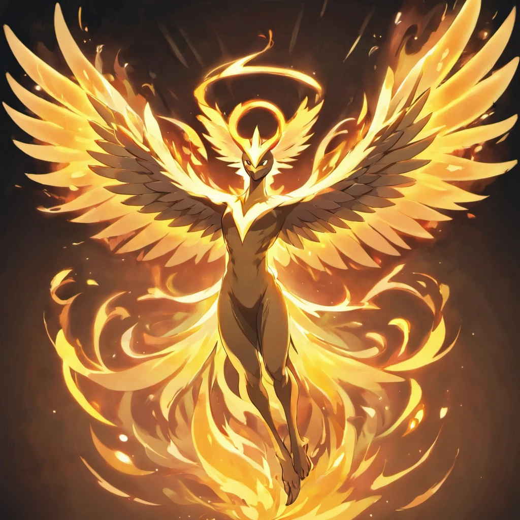 Divine bird),(Fire Phoenix),(Flames outline the body of the phoenix),The phoenix flaps its wings,(Shining with golden light),Alone,natta,Multiple silhouettes,First-person elevation angle,super detailing,Best quality at best,tmasterpiece,(8K),The content is very detailed,epic artwork