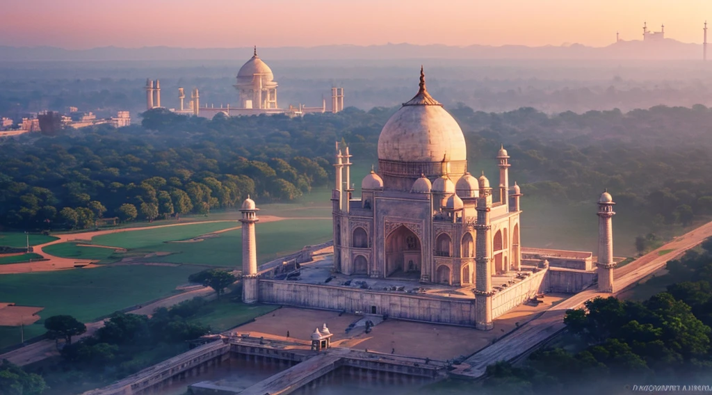 Open with stunning aerial shots capturing the Taj Mahal from various angles, highlighting its grandeur against the landscape