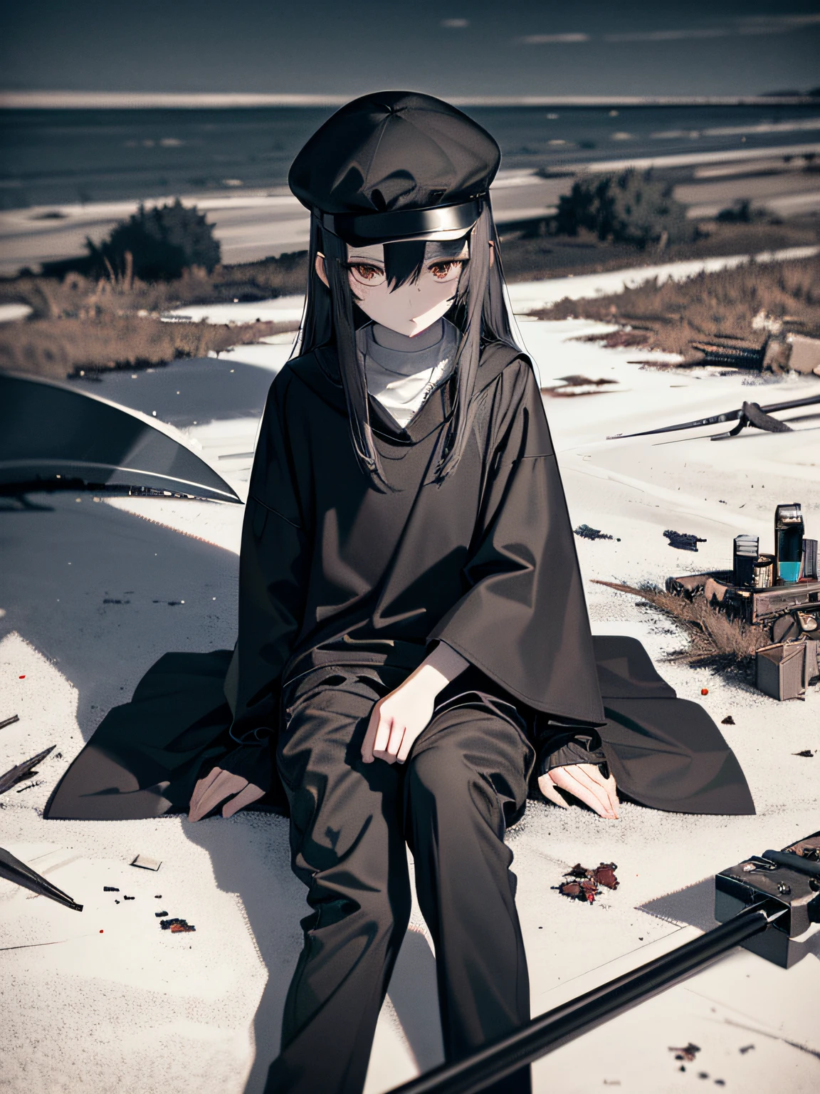 Masterpiece, Hopeless art, dark anime girl, gray eyes, strict long closed clothes, glossy black cap, black long pants, steel ax, sitting near the abandoned gray ocean, a lot of ash,, abandoned tundra forest, highly detailed art, analog futurism