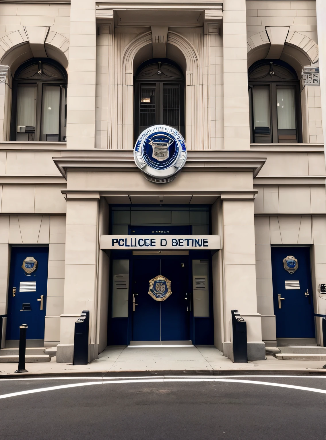 police station entrance、a police car is stopped、newyork、The police emblem is visible on the building.。Do not depict text、