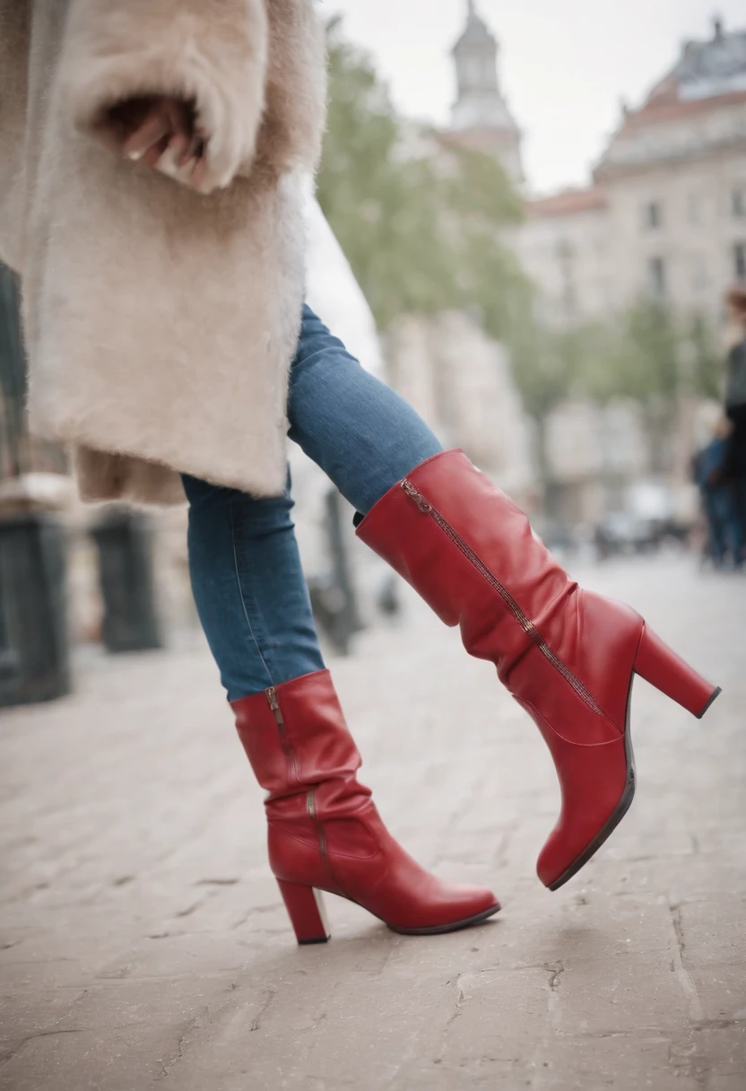 A very beautiful woman&#39;s legs are wearing red leather high heel boots.、stepping on a man&#39;s face、A man wearing casual clothes、sadistic woman and masochist man、