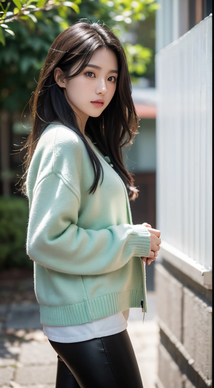 model shooting, cinematic Film still from, 28 years old Asian girl standing, full bodyesbian, (黑The eye:1.3), mid wavy hair, Green sweater, Black leather jacket, black colored leggings,Soft natural light, In the courtyard, ((tmasterpiece)),(Best quality at best),(A high resolution),Highly detailed RAW color photos,The is very detailed,Photorealistic,actual,Extremely ridiculous,The is very detailed,Focus sharp,, (professionalstudiolighting),(professional color graded),rim-light,dramatic lights,电影灯光,lumen reflection,Soft natural light,pastel colour,フォトンマッピング,ラジオシティ,, (pretty eyes),(詳細な目),(详细的脸),Symmetrical eyes,sharp vision,Cool face,Beautiful face shape,8K quality,Nikon D800