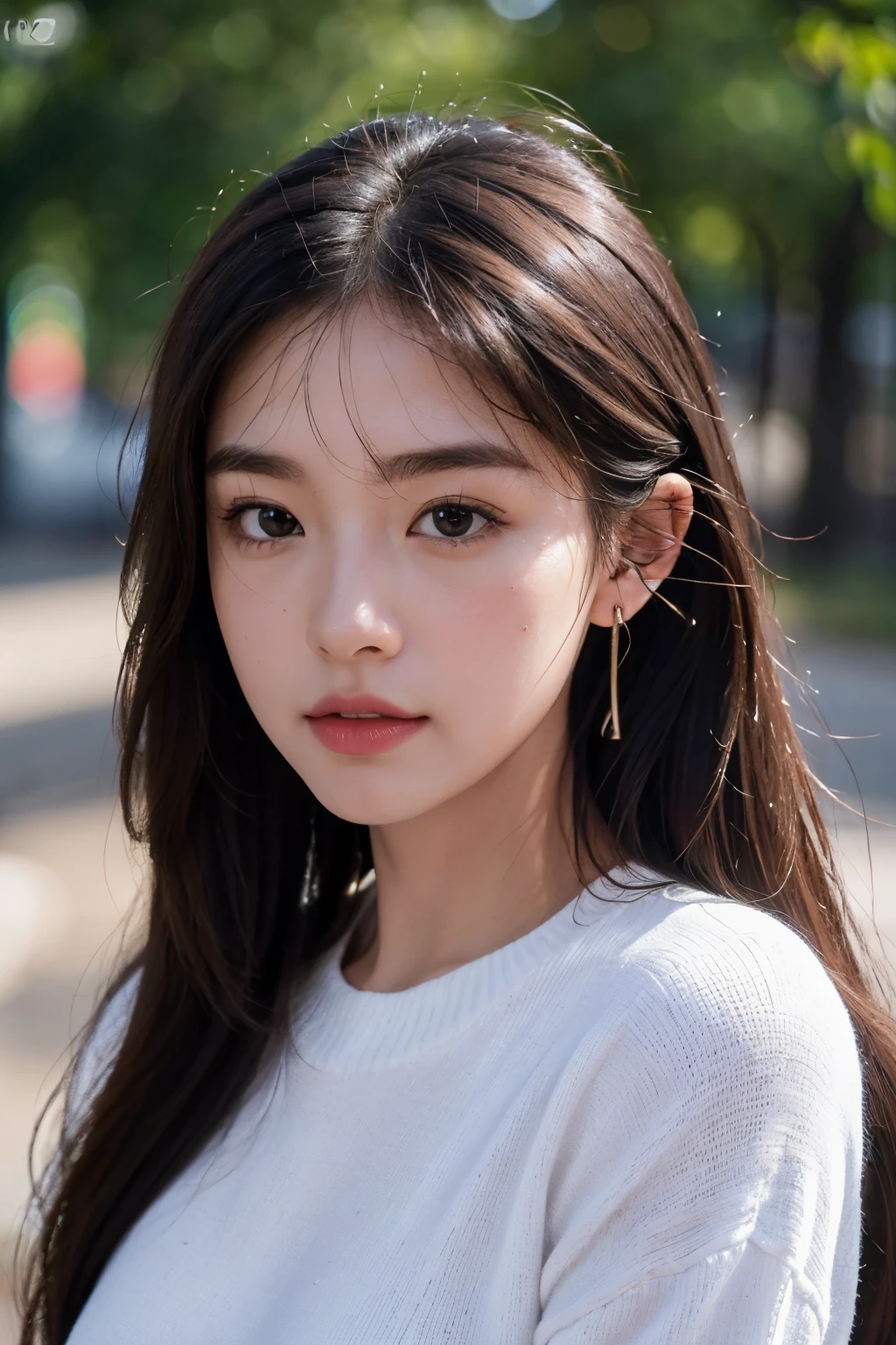 (Best Quality:1.4), (超A high resolution:1.2), (Photorealistic:1.4), (8K, Raw photo:1.2),(portrait shot:1.3), Airpods,earbuds, 1girl in, Solo, Long hair, Upper body, From Side, earbuds, Long sleeves, Sweaters,
