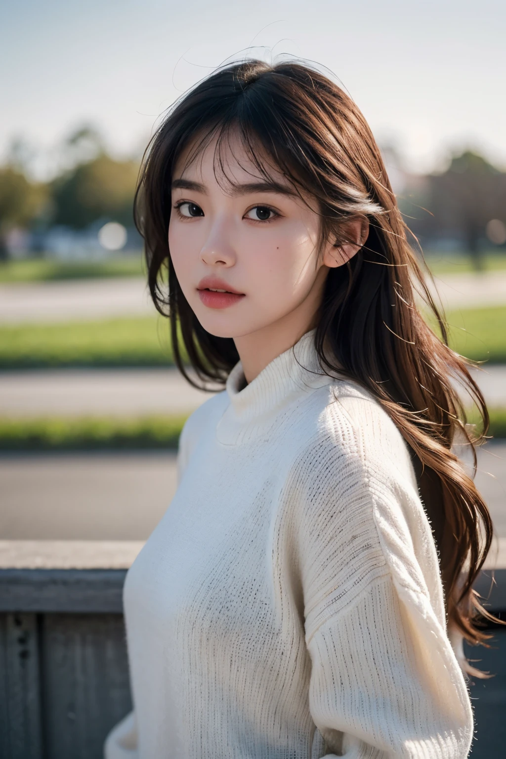 (Best Quality:1.4), (超A high resolution:1.2), (Photorealistic:1.4), (8K, Raw photo:1.2),(portrait shot:1.3), Airpods,earbuds, 1girl in, Solo, Long hair, Upper body, From Side, earbuds, Long sleeves, Sweaters,