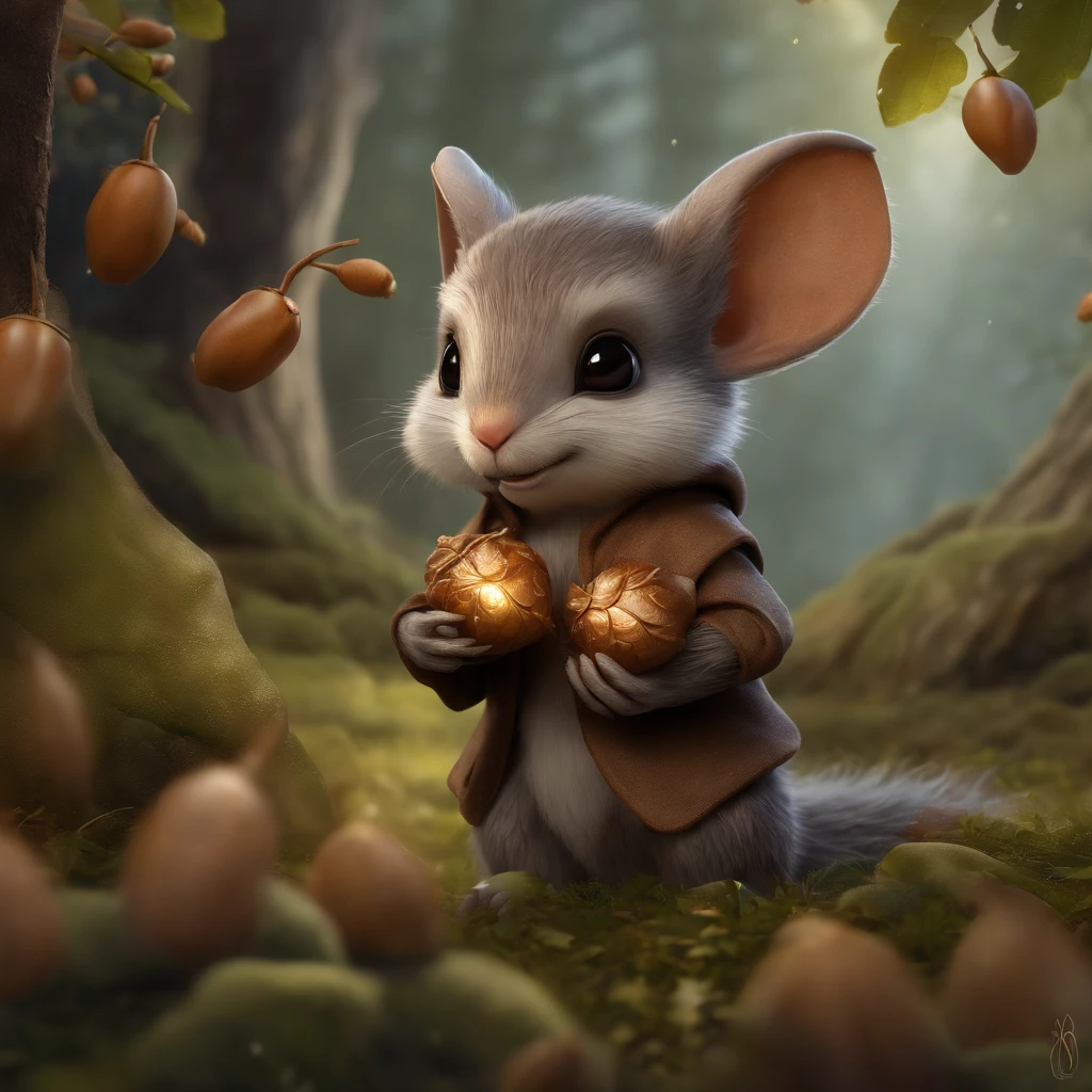 真实感, Realism, Close up of cute tiny fireflies around a huge oak tree, Morning lighting, dew, illuminate the bush, a detailed painting, cgsociety, Detailed painting, artstation hd, high detail, cgsociety, photo realism, Concept art, artstation hd, official arts, bokeh ,gremlin, squirrel-like, wear a hooded shirt, knitted jacket, assassin style, bright silver and brown, Long fluffy tail, large ears, covered with silver fur, water, stands on the shore, Best Quality, Masterpiece, in style of dark fantasy art, gremlin, mole-like, holding a huge acorn in his paws, bright silver and brown, Long fluffy tail, elongated nose,,,,, huge ears, covered with silver fur,tousled, five toes on each paw, holding a huge acorn in his paws, I'm standing in a forest clearing under the foliage of bast., acorns lie in the clearing, acorns glow, Crickets fly, Best Quality, Masterpiece, in style of dark fantasy art, fantasy-inspired, in the style of John Tolkien, (CBZBB:1.25), ((gremlin),Zhkute, Small, , Beautiful, Fantasy art, deviant art, trending artstation, Digital Art, Detailed, Realistic, humanoid, character, tiny, Cinematic shot, cinematic portrait of a mole, naturalist, huge oak roots, entrance to the pit, Fireflies,